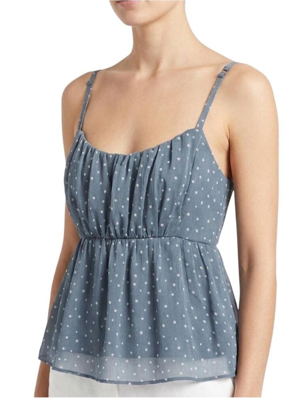 Abercrombie & Fitch Dusty Blue Polka Dot Babydoll Ruched Chiffon Cami